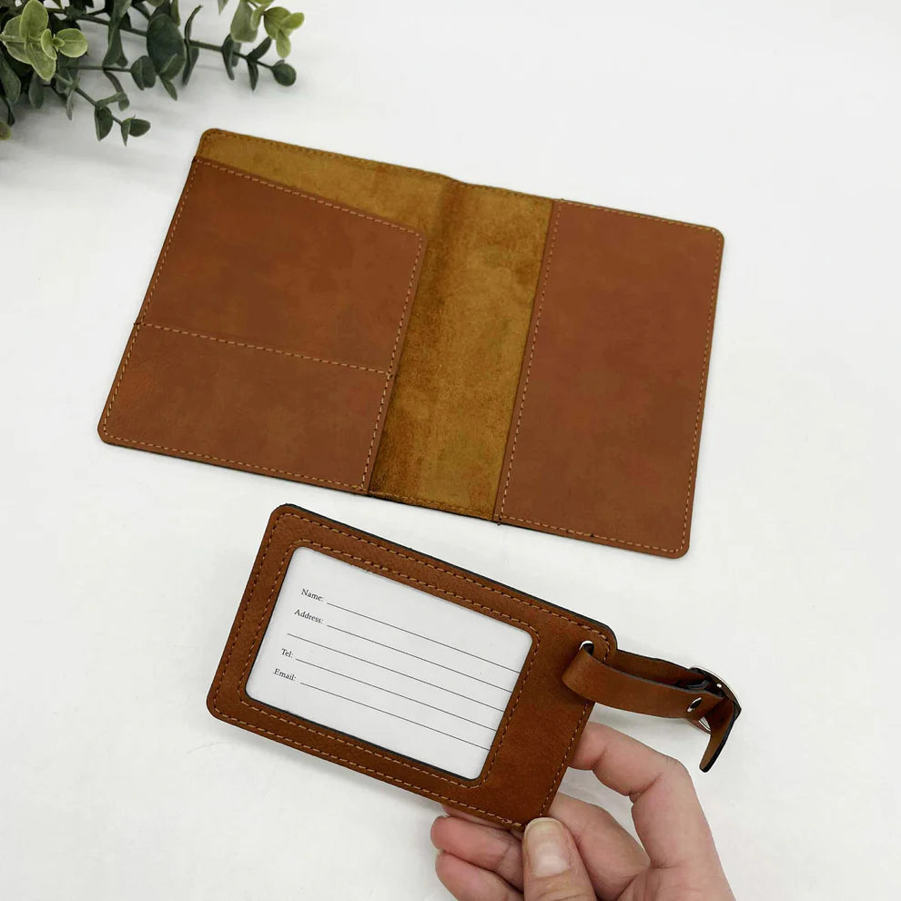 Personalized Brown Leatherette Passport Holder & Luggage Tag Set