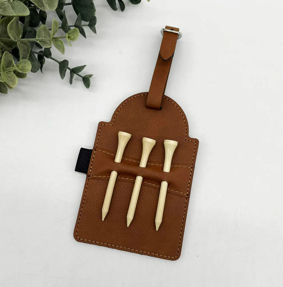 Personalized Brown Leatherette Golf Tag & Tee Holder