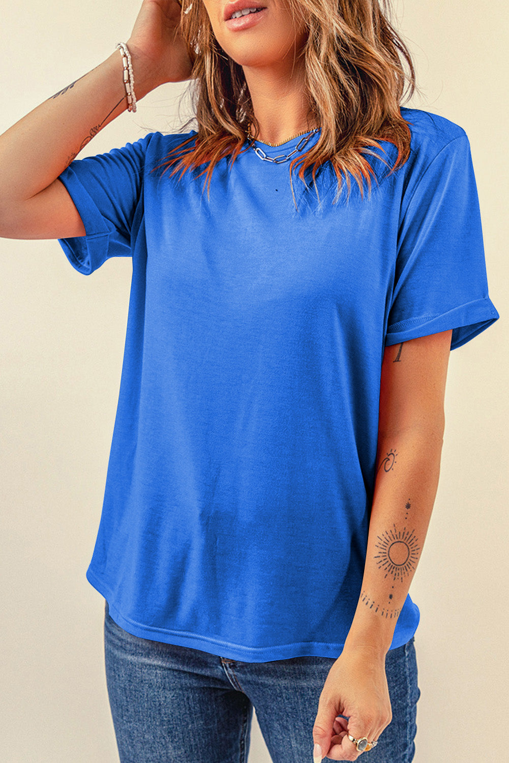 Pink Solid Color Basic Crew Neck Plain Tee