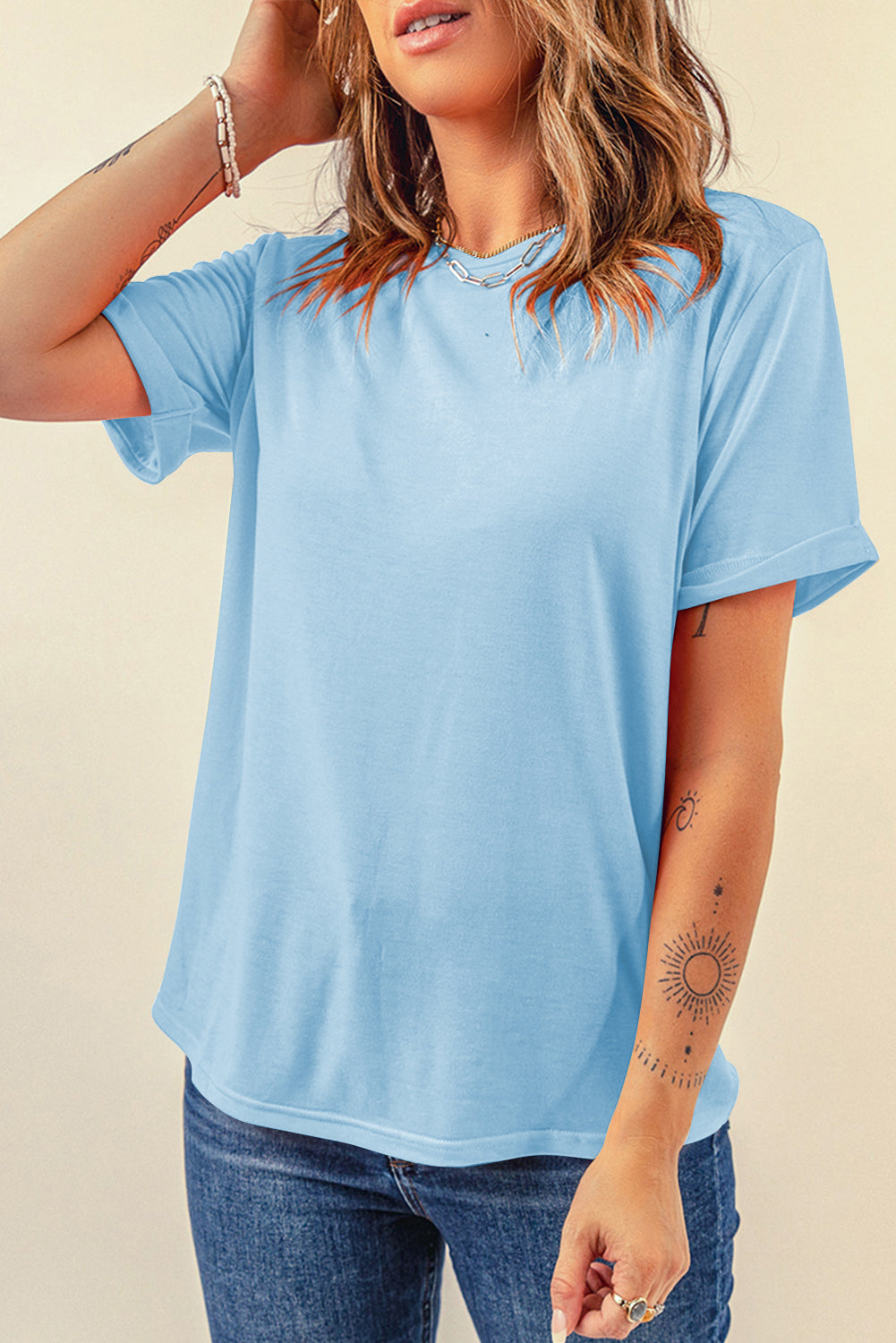 Pink Solid Color Basic Crew Neck Plain Tee