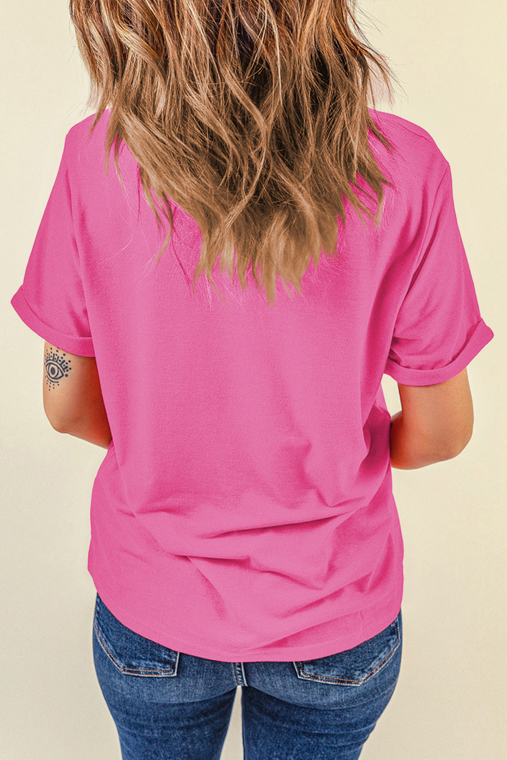Pink Solid Color Basic Crew Neck Plain Tee