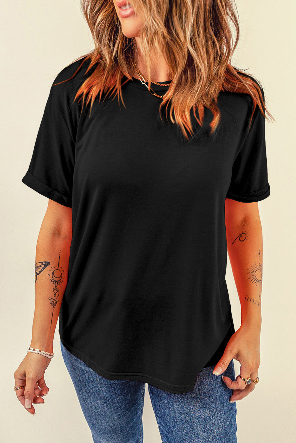 Pink Solid Color Basic Crew Neck Plain Tee