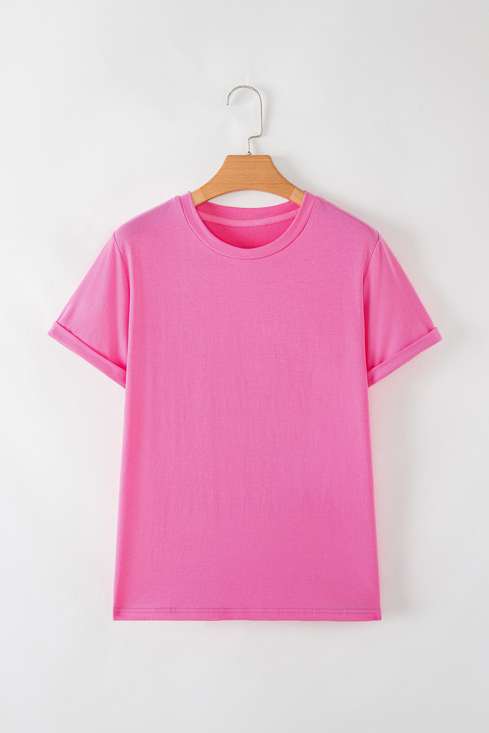 Pink Solid Color Basic Crew Neck Plain Tee