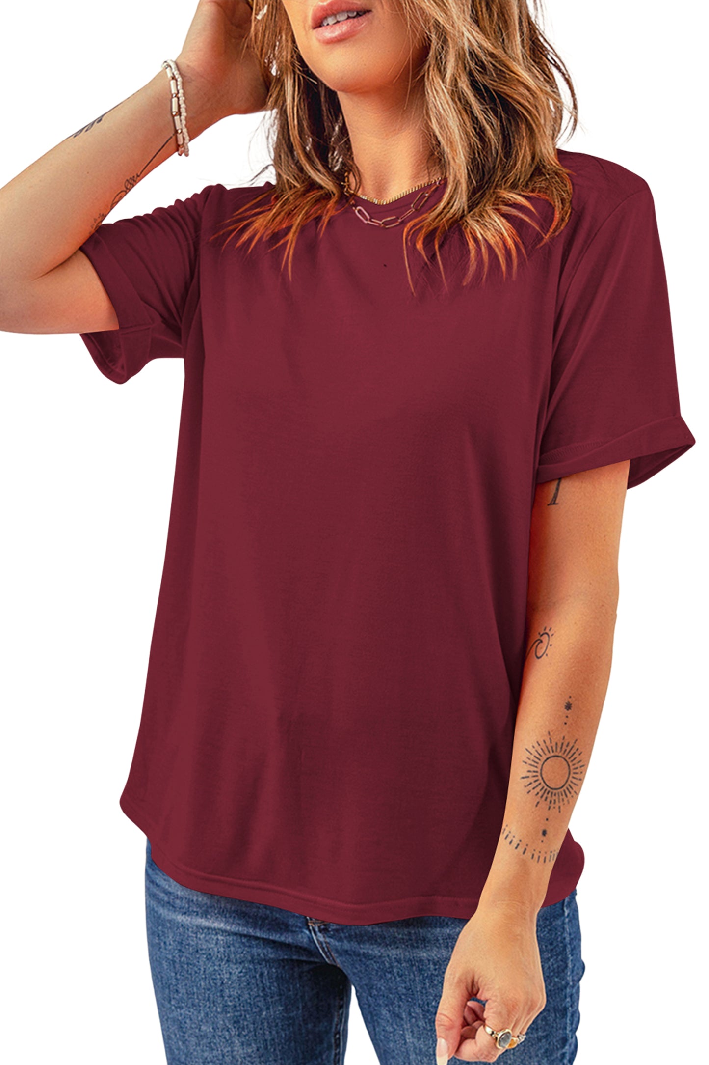 Pink Solid Color Basic Crew Neck Plain Tee