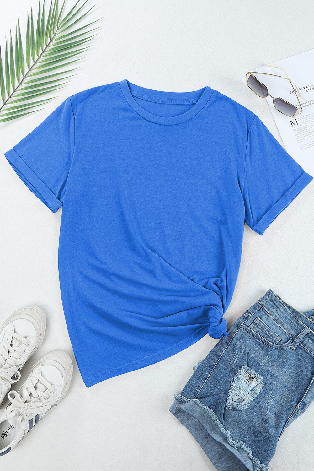 Pink Solid Color Basic Crew Neck Plain Tee