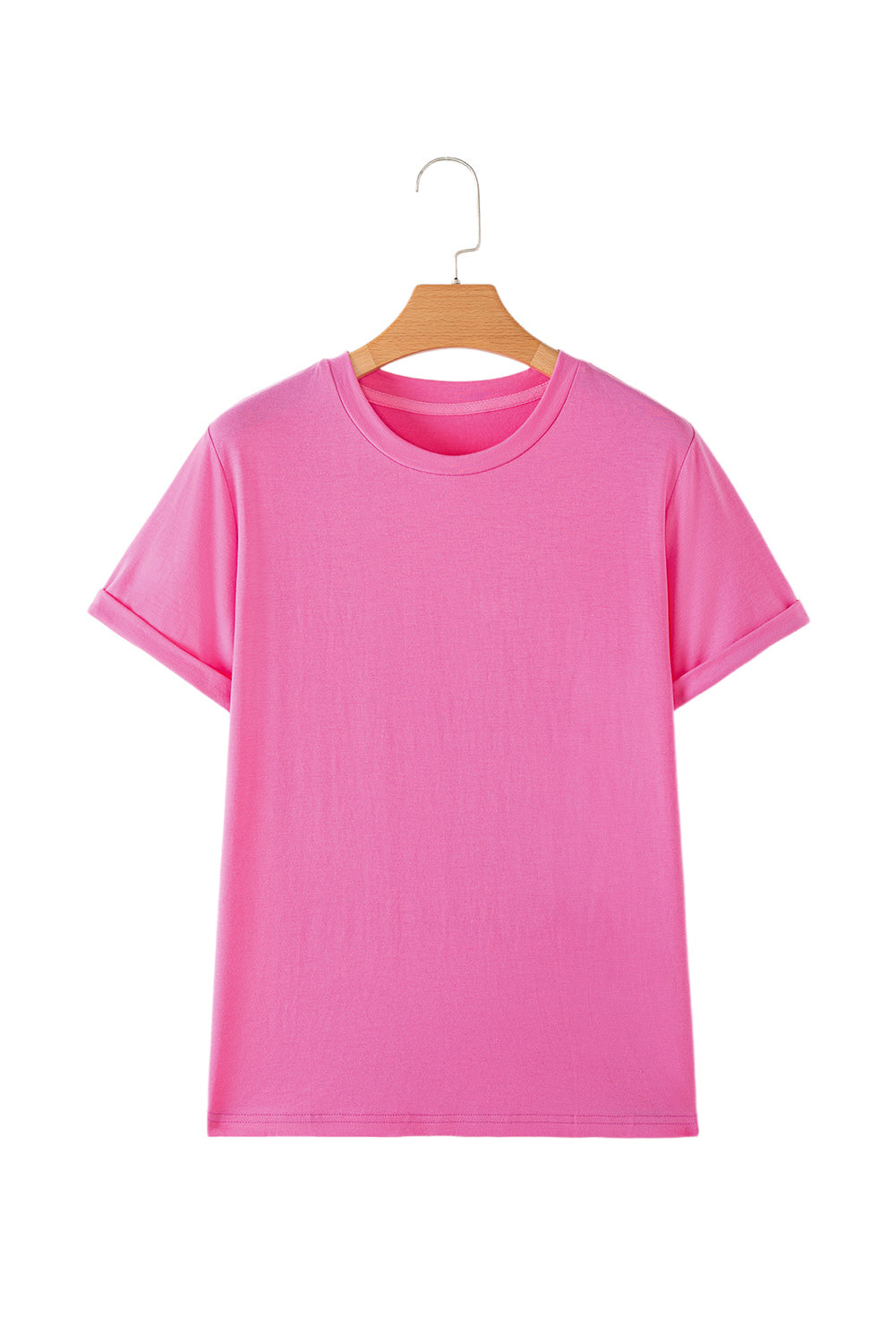 Pink Solid Color Basic Crew Neck Plain Tee