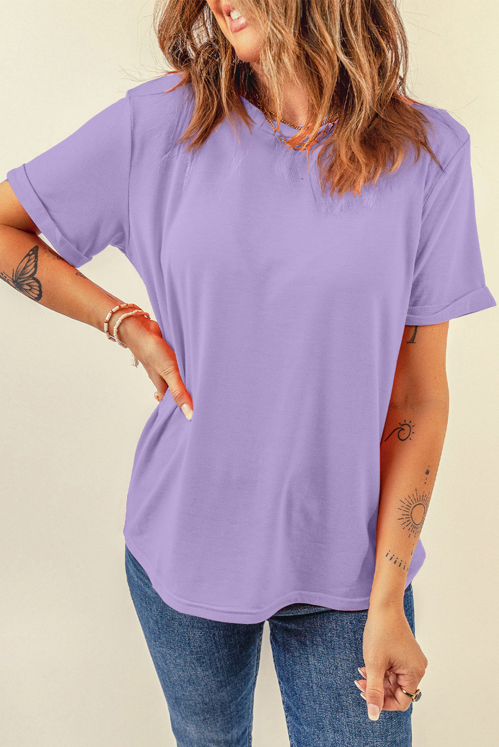 Pink Solid Color Basic Crew Neck Plain Tee