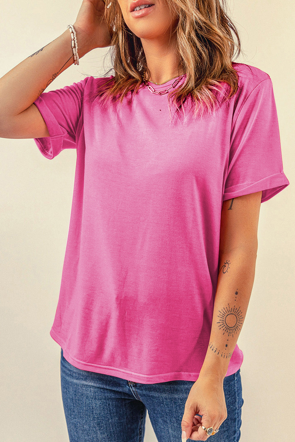 Pink Solid Color Basic Crew Neck Plain Tee