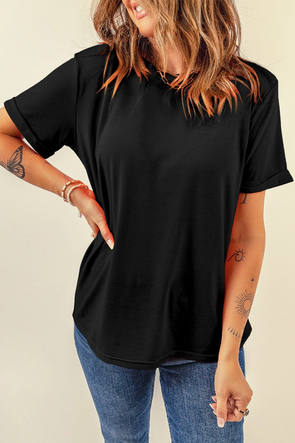 Pink Solid Color Basic Crew Neck Plain Tee