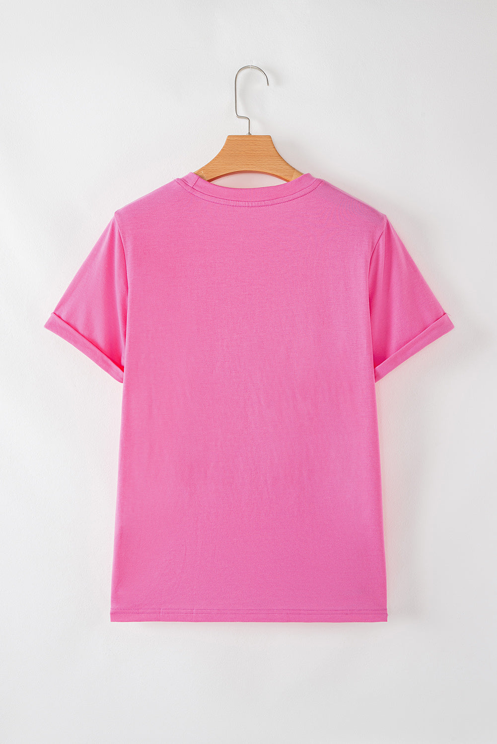 Pink Solid Color Basic Crew Neck Plain Tee