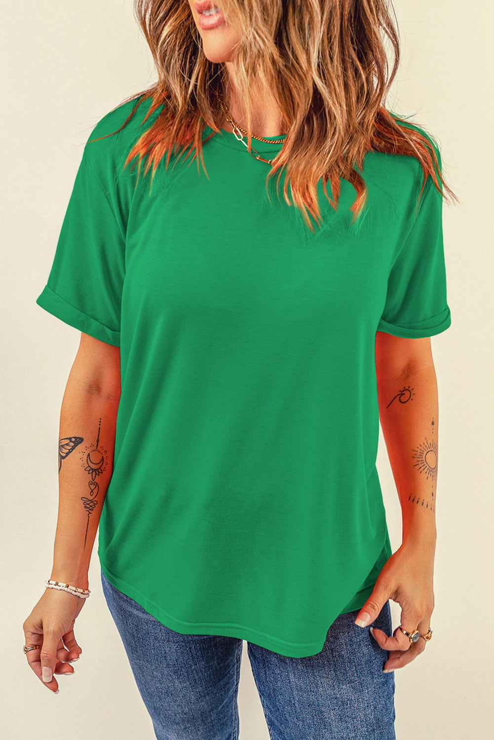 Pink Solid Color Basic Crew Neck Plain Tee