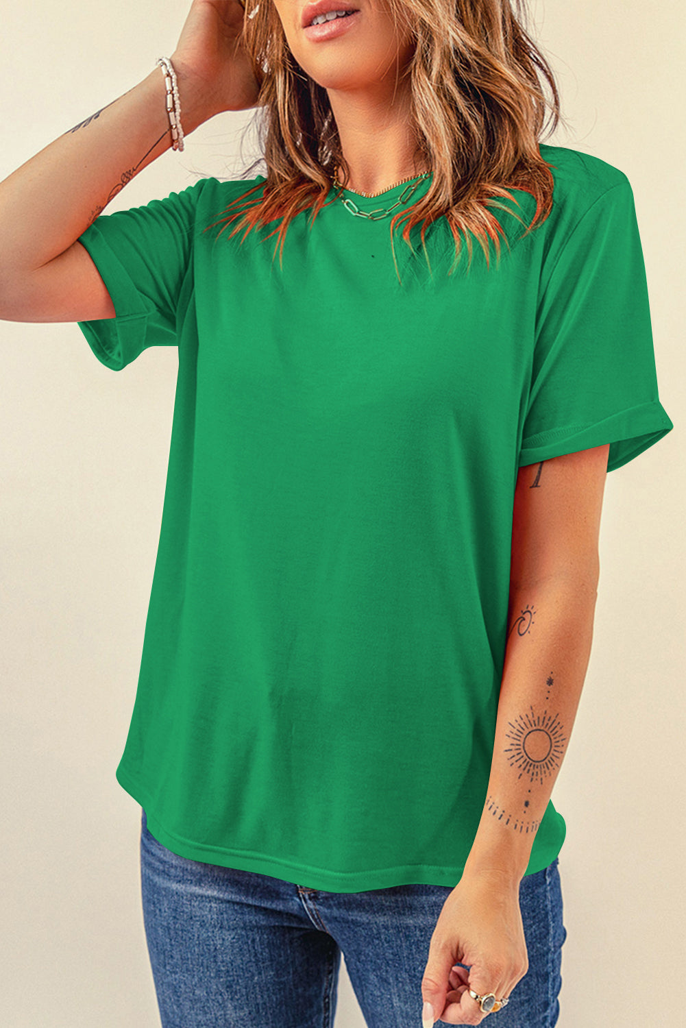 Pink Solid Color Basic Crew Neck Plain Tee