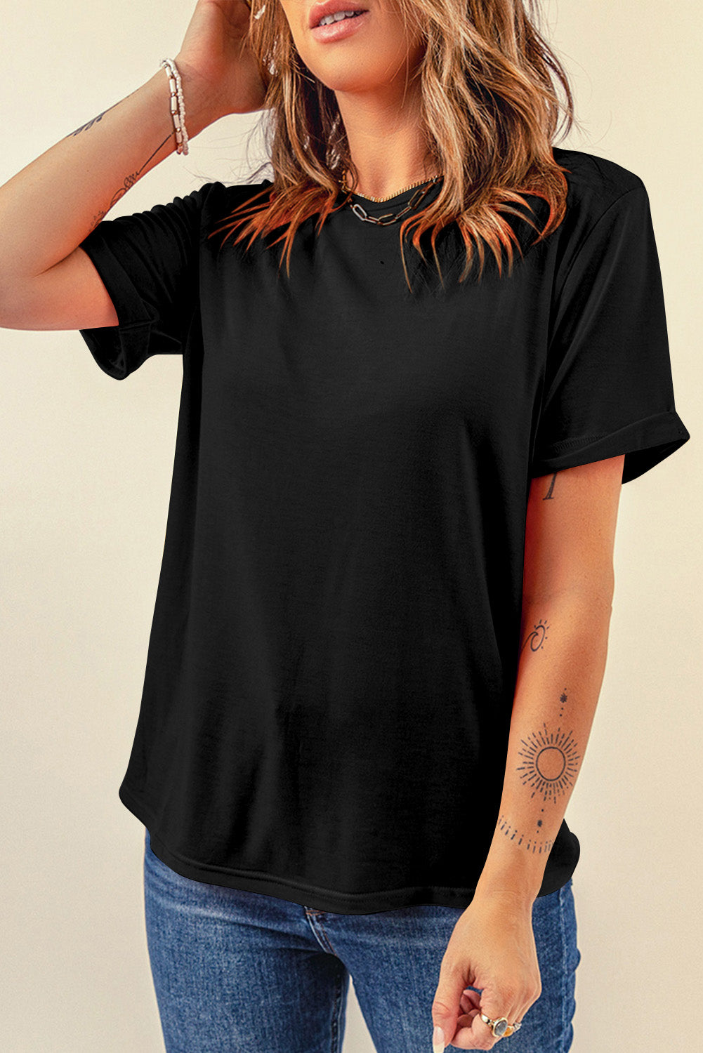 Pink Solid Color Basic Crew Neck Plain Tee
